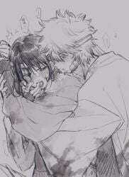 2boys aged_down bandages blush breath finger_in_another's_mouth from_behind gay gintama gintoki_sakata haori headband implied_anal implied_sex katsura_kotarou llemonyyyy looking_back monochrome no_visible_genitalia official_alternate_costume open_mouth samurai sweat tongue_out yaoi