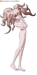 arm_under_breasts artist_name bare_arms bare_legs bare_shoulders bare_stomach barefoot bear_hair_ornament blonde_hair blue_eyes completely_nude danganronpa danganronpa:_trigger_happy_havoc danganronpa_(series) eroeiyuu feet female female_focus fingernails gyaru hair_ornament hand_on_own_face hand_to_head jojo_pose junko_enoshima long_hair looking_at_viewer navel nipples nude nude_filter official_art patreon_username pussy red_nails signature simple_background solo third-party_edit toes transparent_background twintails