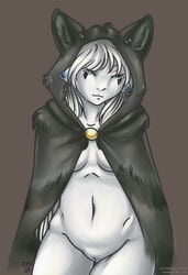 anthro bottomless breasts canine cute female fur furry fursuit giselle horns morningstar nude open_clothes open_shirt pussy shirt solo wolf wolf's_clothing wolf_cloak