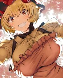 belko blonde_hair diagonal_angle female_only jpeg large_breasts looking_at_viewer minoriko_aki smile solo solo_female touhou upper_body