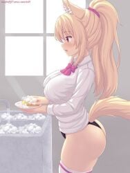 big_ass big_breasts blonde_hair bottomless bowtie cat_ears cat_tail cleaning panties patreon patreon_username ponytail thighhighs tiffy tiffynyaa washing