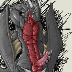 1boy amber_eyes bad_dragon balls big_balls claws dragon duke_(bad_dragon) erection eyes fangs grin horns jeans looking_at_viewer male male_only masturbation muscles narse penis presenting scalie solo standing tail teeth topless undressing wings yellow_eyes