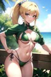 ai_generated anime_style big_breasts bikini blonde_female blonde_hair blonde_hair blonde_hair_female blonde_ponytail bracelet breasts diana_kadushkina govorim_bez_oshibok green_bikini green_eyes green_shirt kakoe_izobrazie long_hair long_ponytail ponytail short_sleeve_shirt smile uroki_horoshih_maner visible_underwear