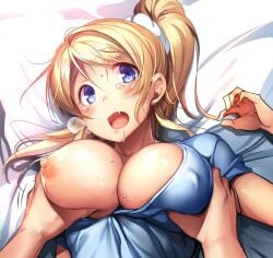 1girls ajishio ayase_eli big_breasts blonde_hair blue_eyes breast_grab breasts cleavage love_live! love_live!_school_idol_project nipples open_mouth surprised tears