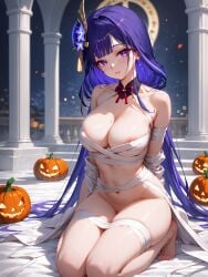 absurd_res ai_generated genshin_impact halloween halloween_costume large_breasts ministro mummy_costume navel nipples raiden_shogun