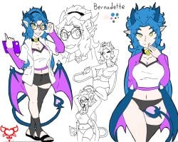 alchemist bernadette_(cafe_risque) blue_hair cafe_risque character_sheet doodle glasses monarch_breaker reference_sheet scientist succubus succubus_horns succubus_tail succubus_wings