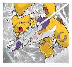 all_fours anthro blue_eyes breasts canine chest_tuft claws cum digimon dk_luis elbow_gloves face_markings female fox from_behind fur furry holding_tail male markings raised_tail renamon saliva straight tail tear yellow