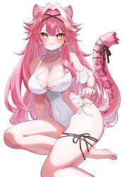 1girls animal_ears blush breasts female female_only hololive hololive_english hololive_english_-justice- huge_breasts kousyun light-skinned_female light_skin one-piece_swimsuit panther_ears panther_girl panther_tail raora_panthera solo swimsuit tail virtual_youtuber yellow_eyes