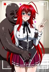 1boy 1boy1girl 1girl ai_generated cheating cheating_girlfriend covered_nipples dark-skinned_male erect_nipples faceless_male fat_man female grabbing_from_behind grin groping groping_breasts hairy_male heart high_school_dxd interracial large_breasts netorare peace_sign recording rias_gremory straight thighs waroffree