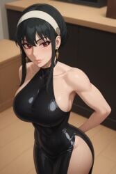 ai_generated big_ass big_breasts black_dress black_hair busty fishnets latex latex_clothing latex_dress latex_suit radnsad red_eyes rubber_clothing rubber_suit short_hair_with_long_locks sidelocks solo solo_female solo_focus spy_x_family thick_thighs yor_briar yor_forger