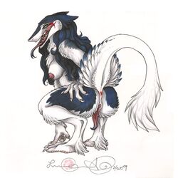 anus ass ass_grab back breasts crouching digitigrade epicwang feathers female grin looking_back on_haunches open_mouth prehensile_clitoral_hood presenting pussy rain_silves raised_tail sergal sideboob solo tail tongue