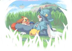 blue blush bottomless closed_eyes cum cumshot day gay gloves grass_field harusuke hat klonoa klonoa_(series) long_ear male on_back oral orgasm outside popka