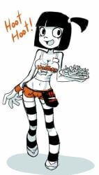 black_and_white_socks black_bag black_eyes black_hair cute dish female happy_face happy_female hooters hooters_uniform orange_panties orange_pants ponytail short_hair small_breasts unknown_artist white_shoes white_skin white_topwear