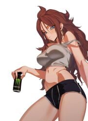 1girls android_21 android_21_(human) bare_shoulders belly_button blue_eyes blush brown_hair dragon_ball dragon_ball_fighterz dragon_ball_z drinks light-skinned_female long_hair looking_at_viewer medium_breasts monster_energy monster_energy_drink navel pants sports_panties tanktop teeth vomi_(dragon_ball) zquung