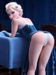 1girls ai_generated angel_light angel_light_(artist) ass blue_eyes cameltoe disney disney_princess elsa_(frozen) from_behind frozen_(film) panties princess walt_disney white_hair