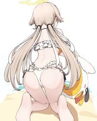 ass back bare_back bent_over bikini facing_away female frilled_bikini frills from_behind halo hifumi_(blue_archive) hifumi_(swimsuit)_(blue_archive) highres innertube kenken_(keuken) kneeling kneepits knees_together_feet_apart light_brown_hair long_hair low_twintails off-shoulder_bikini off_shoulder official_alternate_costume outdoors ribbon-trimmed_bikini ribbon-trimmed_swimsuit ribbon_trim sand side-tie_bikini_bottom solo swim_ring swimsuit thigh_gap trefoil twintails white_background white_bikini yellow_halo