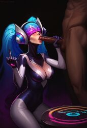 ai_generated blowjob blue_hair bodysuit clothed_female_nude_male clothed_sex cuckold cuckold_pov dark-skinned_male dj_sona dreamcuc gloved_handjob helmet interracial league_of_legends light-skinned_female lipstick male middle_finger oral oral_sex penis riot_games sona_buvelle tight_clothing