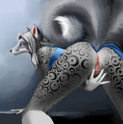 anthro anus arokha ass bottomless canine fat_jaguar_(artist) female fur furry hi_res labia pussy raised_tail silverone solo spreading tail