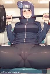 ai_generated big_ass big_breasts big_butt big_thighs blush gym gym_uniform huge_ass huge_breasts huge_butt huge_thighs konan naruto naruto_(series) purple_eyes purple_hair sports_bra sportswear wanuze wide_hips