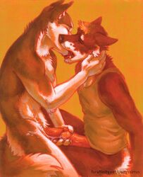 anthro bottomless canine closed_eyes colored_background couple cum frottage fur furry furry_only gay glans handjob husky kissing male masturbation no_humans nude penis shirt ssirrus