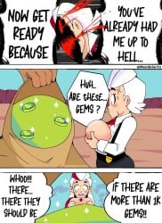 3_panel_comic bag belle_(brawl_stars) brawl_stars breasts bribe bribery comic desert dialogue goldhand_belle huge_breasts mendelartz questionable_consent scar talking_to_partner text white_hair