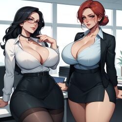 ai_generated big_breasts black_choker black_hair black_skirt black_stockings blush cleavage dark_blue_eyes eogard_orc glasses green_eyes huge_breasts office office_clothing office_lady red_hair seductive self_upload stable_diffusion the_witcher_3:_wild_hunt thick_thighs triss_merigold yennefer