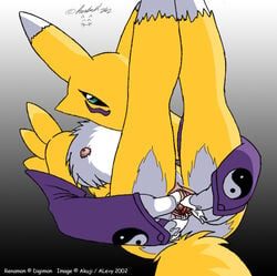 2002 acchan anthro breasts canine chest_tuft digimon elbow_gloves face_markings female fingering fox fur furball furry green_eyes legs_up looking_at_viewer masturbation on_back pussy pussy_juice renamon solo spread_pussy spreading tail tracing yellow