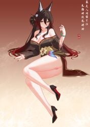 absurdres animal_ears bare_legs bare_shoulders black_footwear blush bracelet breasts brown_hair brown_kimono chinese_commentary cleavage closed_mouth collarbone commentary_request female fox_ears fox_girl fugue_(honkai:_star_rail) full_body gradient_hair hair_between_eyes high_heels highres honkai:_star_rail honkai_(series) japanese_clothes jewelry kimono large_breasts legs looking_at_viewer multicolored_hair nail_polish nanqizizhou off_shoulder partial_commentary pussy red_nails smile solo tingyun_(honkai:_star_rail) translation_request uncensored