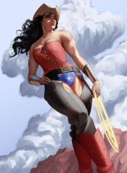1girls alternate_version_at_source artist_signature assless_chaps black_hair blue_eyes bracelets chaps clouds cowboy_boots cowboy_hat cowgirl cowgirl_outfit dc dc_comics diana_prince lasso lasso_of_truth light-skinned_female light_skin muscular muscular_female pope_of_dairy superheroine wonder_woman wonder_woman_(series)