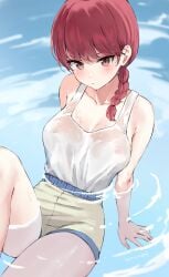 bare_shoulders blush braid braided_ponytail breasts female genderswap_(mtf) highres in_water kaetzchen large_breasts looking_at_viewer medium_hair no_bra ranma-chan ranma_1/2 red_eyes red_hair saotome_ranma see-through_clothing see-through_top shorts solo t-shirt tank_top thighs wet wet_clothes wet_shirt