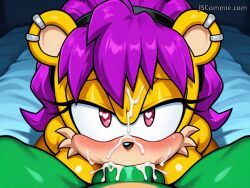 1boy 1girls ai_generated anthro anthro_on_anthro anthro_penetrated anthro_penetrating anthro_penetrating_anthro bed bedroom bedroom_eyes big_breasts big_penis blowjob blowjob_face breasts cum cum_facial cum_in_mouth cum_inside cum_on_breasts cum_on_face curvy_figure deepthroat earrings excessive_cum fellatio female female_focus green_fur hairband heart heart-shaped_pupils hedgehog hedgehog_boy irrumatio jscammie kneeling kneeling_oral_position kneeling_position looking_at_viewer male male/female male_pov manic_the_hedgehog mina_mongoose mobian mobian_(species) mongoose naked naked_female naked_male nude nude_female nude_male oral oral_penetration oral_sex penis pov_blowjob pov_eye_contact purple_hair sega sonic_(series) sonic_the_hedgehog_(archie) sonic_the_hedgehog_(comics) sonic_the_hedgehog_(series) sonic_underground yellow_fur