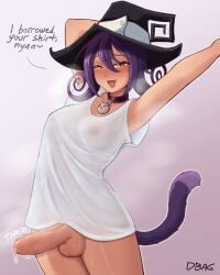 big_breasts blair_(soul_eater) blush choker futa_only futanari hat looking_at_viewer nipples precum purple_hair see-through see-through_clothing tail white_shirt witch_hat yellow_eyes