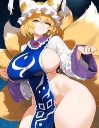 1girls ai_generated big_breasts blonde_hair breasts female female_focus female_only fluffy_tail fox_ears fox_tail hips huge_breasts large_breasts looking_at_viewer mature_female milf ran_yakumo touhou yellow_eyes