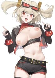 1girls belt black_belt black_gloves black_jacket black_shorts black_tube_top blonde_hair blush bouncing_breasts breasts breasts_out burnice_white cowboy_shot crop_top cropped_jacket eyewear_on_head floating_hair gloves highres index_finger_raised jacket large_breasts looking_at_viewer midriff mitsuru_(uramitsuru1206) navel nipples open_clothes open_jacket open_mouth red-tinted_eyewear red_eyes short_shorts shorts smile solo spiked_belt strapless teeth tinted_eyewear tongue tongue_out tube_top twintails unaligned_breasts upper_teeth_only white_background zenless_zone_zero