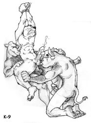 anal anal_sex anthro bondage bovine canine cum fur furry gay k-9 male minotaur no_humans penetration rhino threesome