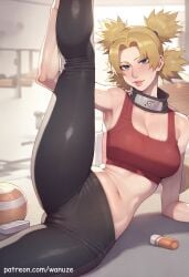 ai_generated big_ass big_breasts big_butt big_thighs blonde_hair blush green_eyes gym gym_uniform huge_ass huge_breasts huge_butt huge_thighs naruto naruto_(series) one_leg_up sports_bra sportswear temari wanuze wide_hips