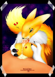 anthro blue_eyes breasts canine chest_tuft claws cum cum_in_mouth cum_pool cumshot digimon face_markings fellatio female fox fur furry green_eyes human interspecies male messy nipples nude oral orgasm paizuri penis renamon schallen straight tail tear tongue unknown_artist white_fur yellow