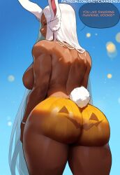 1girls 2d 2d_(artwork) ass back back_view big_ass big_breasts bodypaint boku_no_hero_academia color completely_nude curvy dark-skinned_female dark_skin erotic_nansensu female female_only from_behind halloween looking_at_viewer looking_back miruko muscular_female my_hero_academia nude patreon_username pumpkin rabbit_ears rabbit_girl rabbit_tail red_eyes simple_background solo speech speech_bubble straight_hair usagiyama_rumi very_long_hair watermark white_hair