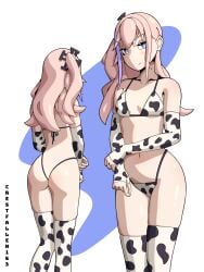 1girls ass blue_eyes cow_print cow_print_armwear cow_print_bikini cow_print_thighhighs crestfallen163 female female_only g-string girls'_frontline looking_away pink_hair pout side_ponytail small_breasts st_ar-15_(girls'_frontline) thigh_gap two_tone_hair viewed_from_behind