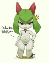 2024 angry angry_expression belly belly_button choker chubby flat_chest grass green_hair green_nipples hand_on_hip kevab kirlia necklace nude pokeball pokemon pokephilia pussy red_eyes short slur talking talking_to_viewer white_background white_skin