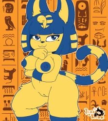 animal_crossing ankha_(animal_crossing) anthro ass big_breasts breasts digital_media_(artwork) domestic_cat felid feline felis female fur genitals hair hi_res jazzyrakk looking_at_viewer mammal nintendo nipples nude pussy simple_background smile solo tail thick_thighs uraeus wide_hips yellow_body