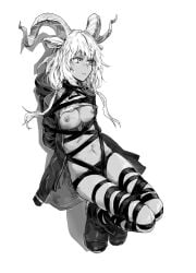 1girls a_tea arknights beeswax_(arknights) bondage bound breasts_out horns monochrome