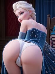 1girls ai_generated angel_light angel_light_(artist) ass blue_eyes cameltoe disney disney_princess elsa_(frozen) from_behind frozen_(film) panties princess walt_disney white_hair