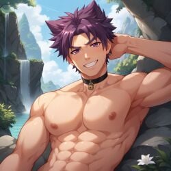 1:1 1boy ai_generated armpits arms_behind_head camp_buddy civitai dvxxxgrai gay male male/male male_focus male_only navel nipples nude nude_male pectorals pixai pony_diffusion_xl purple_eyes purple_hair solo solo_focus solo_male topless topless_male yaoi yoichi_yukimura