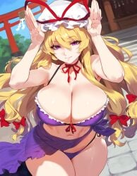 1girls ai_generated ass big_breasts blonde_hair breasts female female_focus female_only hips huge_ass huge_breasts large_breasts long_hair looking_at_viewer mature_female milf thick_thighs thighs touhou yukari_yakumo