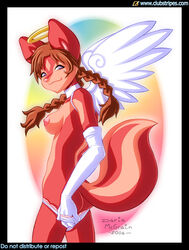 2006 breasts brown_hair clothes clubstripes daria_mcgrain elbow_gloves female furry gloves hair halo jam_(miu) long_hair panties purple_eyes red solo standing tail tied_hair twintails underwear undressing wings