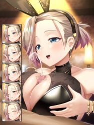 1boy 1girls animal_ears azur_lane bare_shoulders blue_eyes blurry blurry_background breasts censored cleavage_cutout clothed_female_nude_male clothing_cutout commentary_request cross cross_earrings cum cum_on_body eagle_union_(azur_lane) earrings ejaculation expression_chart facial fake_animal_ears female fumizuki_homura gradient_hair jewelry large_breasts light-skinned_female light-skinned_male light_skin mosaic_censoring multicolored_hair new_orleans_(azur_lane) new_orleans_(evening_agricole)_(azur_lane) nude paizuri paizuri_under_clothes playboy_bunny projectile_cum rabbit_ears solo_focus