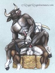 2boys abs anal ass bovine bull cum erection gay hooves horns male male_only muscular nipples nude penis rog_minotaur sex spread_legs testicles text