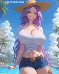 1girls ai_assisted ai_generated big_breasts cleavage coug cougwe crop_top disney disney_villains hat jean_shorts madam_mim midriff pool poolside short_shorts shorts slim_waist stable_diffusion the_sword_in_the_stone tied_shirt wink witch