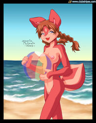 2005 ball beach blue_eyes breasts brown_hair clubstripes daria_mcgrain female furry hair jam_(miu) long_hair nude ocean pussy red seaside solo standing tail tied_hair twintails